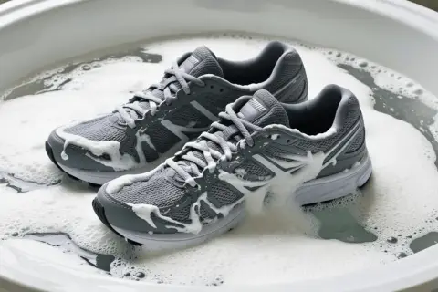 Graue Laufschuhe werden in einem Schaumbad gereinigt.
