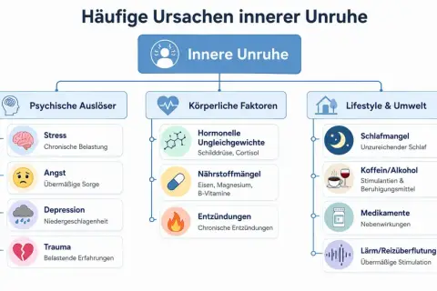 Ursachen für innere Unruhe: psychische Auslöser (Stress, Angst, Depression, Trauma), körperliche Faktoren (Hormone, Nährstoffe, Entzündungen) und Lifestyle (Schlaf, Koffein, Medikamente, Lärm).