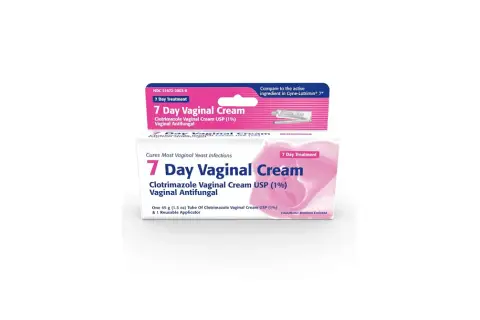 Opakowanie kremu dopochwowego Clotrimazole Vaginal Cream USP (1%) na 7 dni leczenia, z aplikatorem. Skuteczny w walce z infekcjami intymnymi.