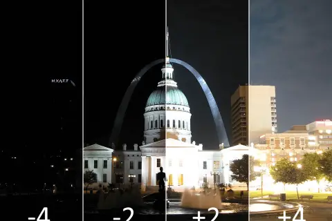 Cztery ujęcia Gateway Arch i otoczenia w St. Louis, pokazujące efekt bracketingu. Od ciemnego do jasnego, z widocznymi detalami budynków i nieba.