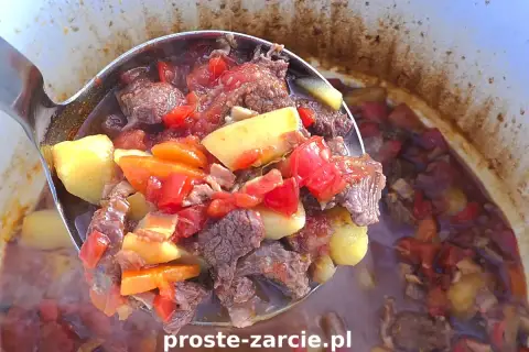 Gulasz z kociołka żeliwnego na ognisku, pełen mięsa, ziemniaków i warzyw, paruje apetycznie.
