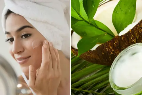 Mujer aplicándose crema en la cara junto a un coco y hojas verdes.