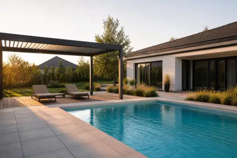 Nowoczesny basen w ogrodzie, z leżakami pod pergolą i widokiem na dom. Idealne miejsce na relaks, a jego koszt to inwestycja w luksus.