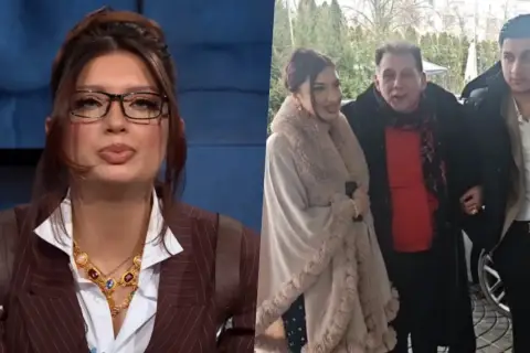 Viki Gabor w eleganckim stroju i rodzina podczas uroczystości, być może ślub.