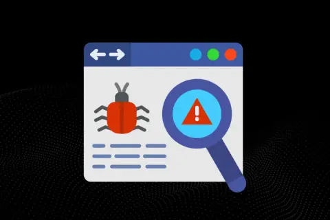 Grafika przedstawia okno przeglądarki z ikoną robaka i lupą wskazującą na ostrzeżenie. To wizualizacja problemu: malware co to jest i jak go wykryć.