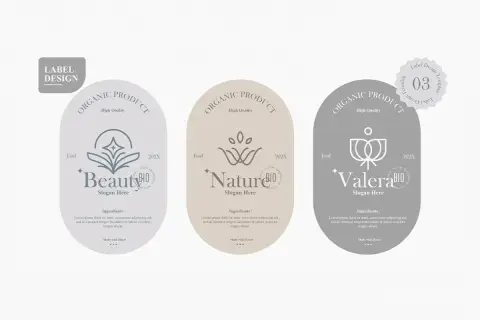 Trzy etykiety produktów organicznych: "Beauty", "Nature" i "Valera". Każda zawiera logo, slogan i listę składników, podkreślając naturalne pochodzenie i wysoką jakość.