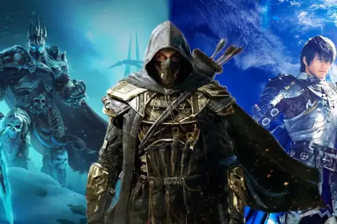 Trzech bohaterów z gier mmorpg: mroczny władca z lodowym mieczem, tajemniczy łucznik w kapturze i rycerz w lśniącej zbroi.