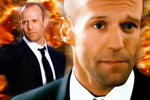 Jason Statham, który grał Transportera, w garniturze na tle wybuchów.