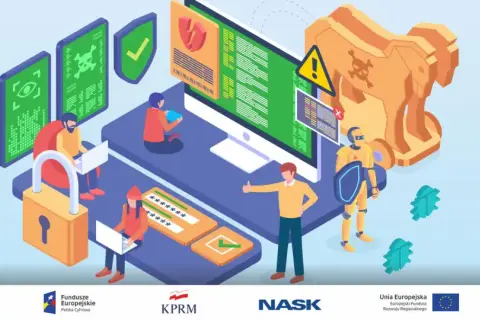 Ilustracja przedstawia walkę z **malware**. Ludzie i robot chronią dane przed zagrożeniami, symbolizowanymi przez konia trojańskiego i wirusy.