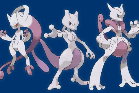 Trzy postacie Mewtwo w różnych pozach, gotowe do walki.