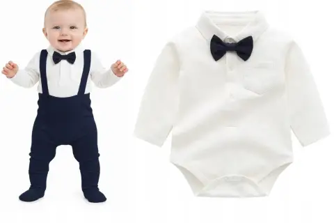 Uśmiechnięty chłopiec w eleganckim body z kołnierzykiem i granatowymi szelkami. Obok pokazano samo body.
