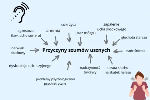 Schemat przedstawia przyczyny szumów usznych, m.in. cukrzycę, anemię, uraz mózgu, nadciśnienie, utratę słuchu na skutek hałasu.