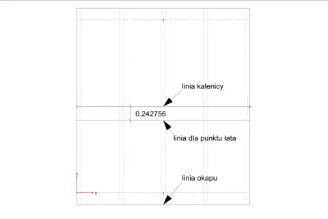 Schemat dachu z zaznaczonym rozstawem łat pod blachodachówkę. Widać linię kalenicy, okapu i punktu łaty.
