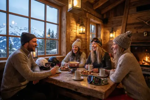 Czworo przyjaciół cieszy się przytulnym apres ski w drewnianej chacie, z widokiem na ośnieżone góry.