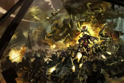 Orkowie w szale **waaagh!** szarżują, strzelając i walcząc w chaosie bitwy. Wielkie maszyny i zielonoskórzy wojownicy sieją zniszczenie.