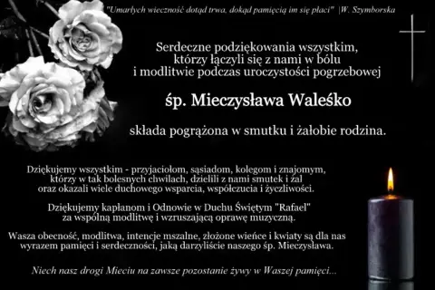 Czarno-białe róże i płonąca świeca. Podziękowania za obecność i modlitwę na pogrzebie śp. Mieczysława Waleśko.
