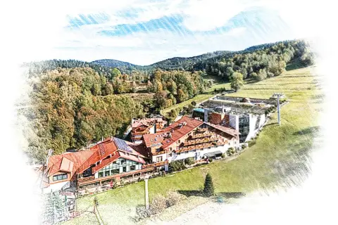 Malowniczy hotel meta w otoczeniu jesiennych lasów i zielonych wzgórz. Widok z lotu ptaka na architekturę i krajobraz.