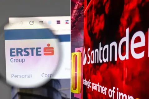 Ekran z logo Erste Group i zbliżenie na napis Santander, sugerujące księgowanie w banku.