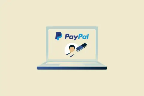 Ilustracja przedstawia laptop z logo PayPal. Obok ikony użytkownika widać gumkę do mazania, symbolizującą szybki przelew z PayPal na konto bankowe.