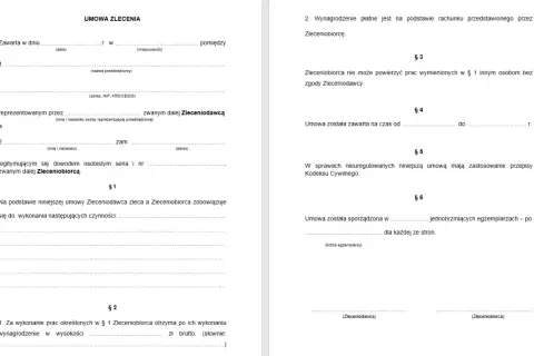Umowa zlecenia zawiera dane stron, zakres prac, wynagrodzenie i postanowienia dotyczące realizacji zlecenia.