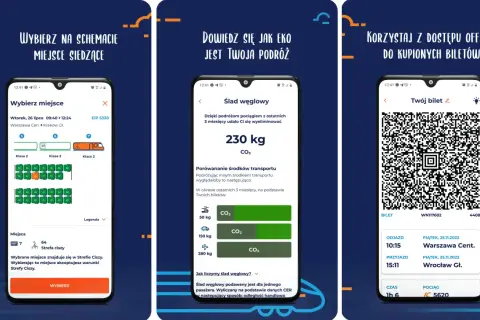 Aplikacja mobilna ic mobile navigator pokazuje wybór miejsc, ślad węglowy podróży i bilet offline.