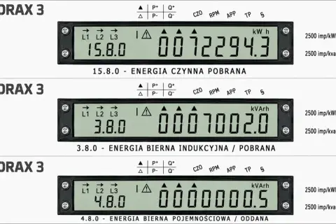 Trzy liczniki NORAX 3 z różnymi odczytami energii: czynnej 15.8.0, biernej indukcyjnej 3.8.0 i biernej pojemnościowej 4.8.0. Kody liczników gama 350.