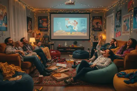 Grupa przyjaciół śmieje się do rozpuku podczas seansu filmowego w przytulnym pokoju. Ta tragifarsa kołtuńska, pełna światełek i plakatów, tworzy atmosferę beztroskiej zabawy.