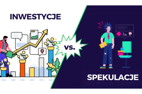 Inwestycje vs. spekulacje: człowiek podlewa rosnące pieniądze, a obok stoi zagubiony spekulant z wątpliwościami.