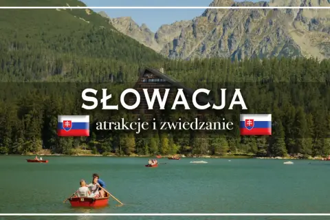 Słowacja wakacje: malownicze jezioro, góry i ludzie pływający łódkami. Idealne miejsce na aktywny wypoczynek i zwiedzanie.