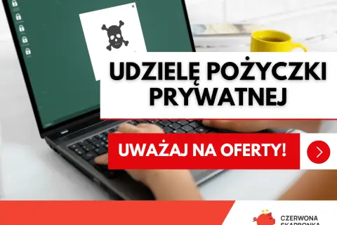 Udzielę pożyczki prywatne od ręki. Uważaj na oferty! Na ekranie laptopa symbol czaszki, ostrzeżenie.