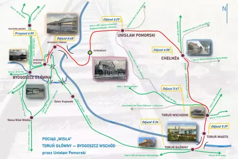 Mapa kolejowa z trasą pociągu "Wisła" między Toruniem Głównym a Bydgoszczą Wschód, przez Unisław Pomorski. Widoczne stacje i linie kolejowe, w tym fragmenty z Bydgoszcz i Brodnica.