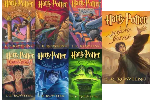Okładki książek o Harrym Potterze. Pierwsza część to "Harry Potter i Kamień Filozoficzny".