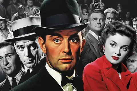 Mężczyzna w kapeluszu i kobieta w czerwonej sukience, otoczeni przez tłum. Zapowiada się naprawdę dobre filmy.