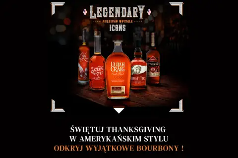 Butelki whiskey: Eagle Rare, Sazerac Rye, Elijah Craig, Buffalo Trace i Rittenhouse. Świętuj Thanksgiving w amerykańskim stylu.