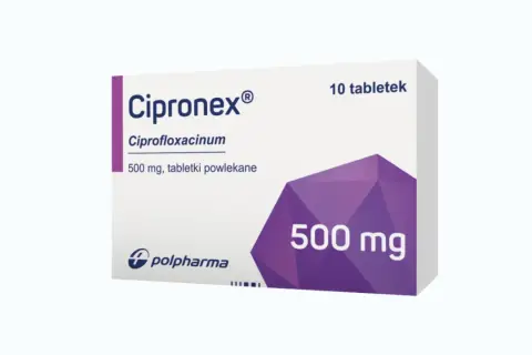 Opakowanie leku Cipronex 500 mg, tabletki powlekane. Stosowany w leczeniu infekcji bakteryjnych.