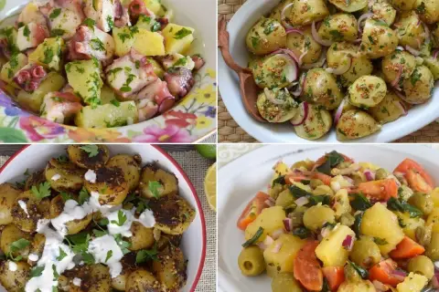 Cuatro deliciosas variantes de amanida de patata: con pulpo, con cebolla morada y mostaza, asada con aliño cremoso y con aceitunas y tomate.
