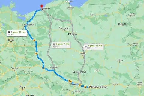 Trasa z Mielna przez Szczecin, Wrocław, Katowice do Krakowa. Dwie alternatywne drogi przez Polskę.