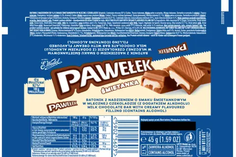 Batonik Pawełek śmietankowy z alkoholem. Czy dzieci mogą jeść pawełki? Produkt zawiera alkohol, nieodpowiedni dla dzieci.