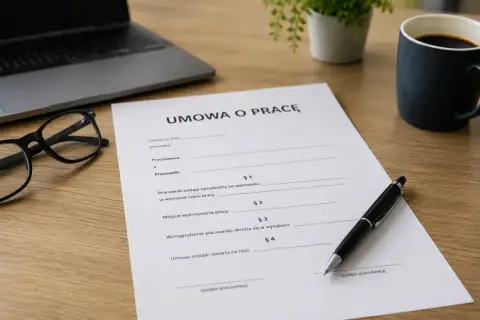 Na biurku leży dokument "Umowa o pracę", obok okulary, laptop i kubek kawy.