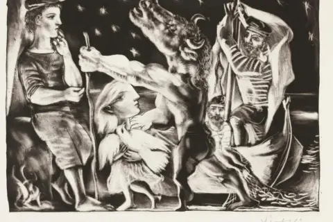 Picasso's Blaue Periode: Ein Mann mit Stier und Taube, ein Fischer im Boot. Düstere Szene unter Sternen.