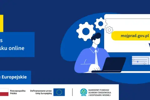 Grafika ilustruje, jak sprawdzić status wniosku Mój Prąd 6.0 online. Widoczna jest strona internetowa mojprad.gov.pl.