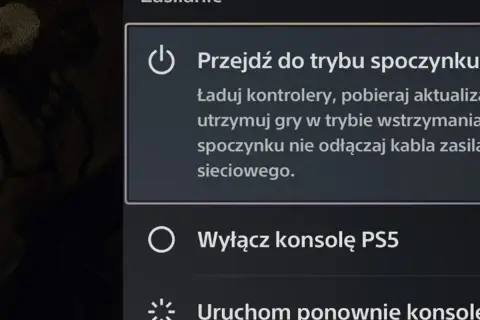 Menu zasilania PS5: opcja "Wyłącz konsolę PS5" jest widoczna, co pozwala na zakończenie gry.