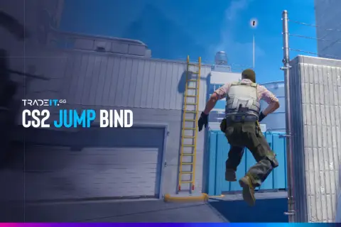 Gracz CS2 wykonuje skok z użyciem jumpthrow bind, rzucając granat w powietrze.