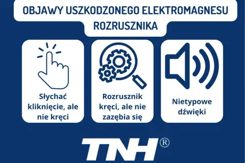 Objawy uszkodzonego elektromagnesu rozrusznika: słychać kliknięcie, ale nie kręci; rozrusznik kręci, ale nie zazębia się; nietypowe dźwięki.