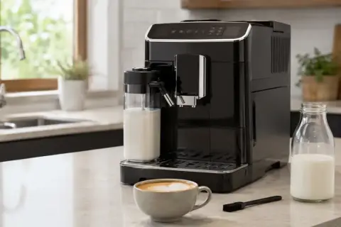 Czarny ekspres DeLonghi z dzbankiem na mleko i filiżanką kawy. Dowiedz się, jak wyczyścić spieniacz do mleka Delonghi, by cieszyć się idealnym cappuccino.