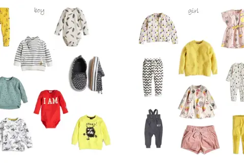 Ubranka dla dzieci: żółte spodnie w namioty, body w piórka, bluzy, czerwony rampers "I AM", żółta bluza "STINKY!", szare ogrodniczki "WILD". Lindex co to za marka?