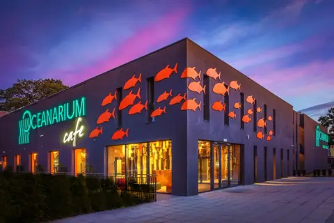 Oceanarium w Międzyzdrojach, z neonowym napisem i pomarańczowymi rybkami na fasadzie, to świetne miejsce na międzyzdrojskie atrakcje dla dzieci.