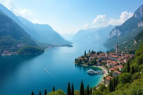 Malownicze miasteczko nad turkusowym jeziorem, otoczone górami. Czy to Jezioro Como, czy Garda?