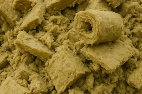 Góra pokruszonej wełny mineralnej, gotowa do utylizacji. Materiał izolacyjny w rolkach i kawałkach.