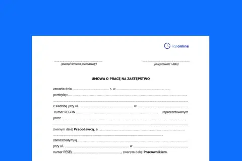 Formularz umowy o pracę na zastępstwo. Dokument zawiera pola do wpisania danych pracodawcy i pracownika, daty zawarcia umowy oraz miejsca na pieczęć firmową.